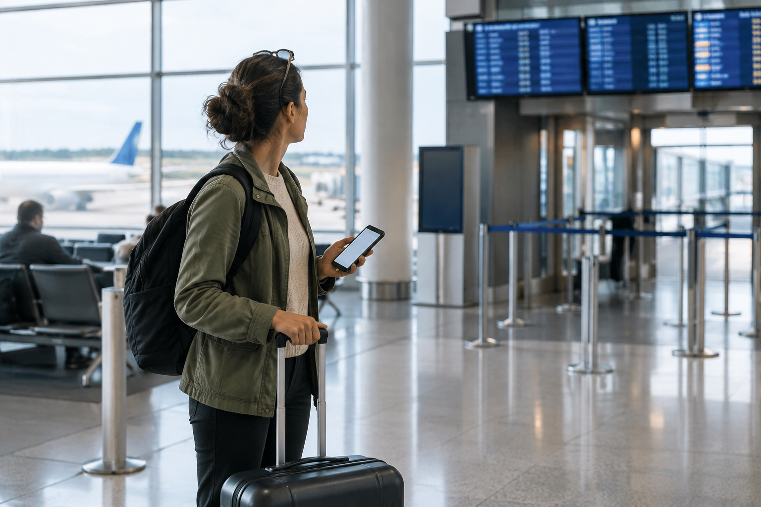 Traveler checking a boarding pass beside an airport information screen